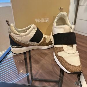 Michael Kors Beige Brown White Logo Slip-On Sneakers